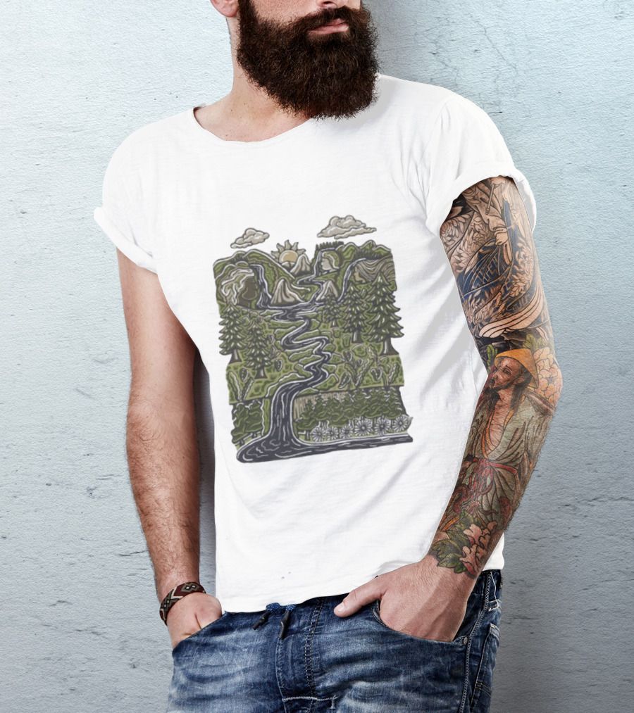 Nature Backs Forest Scene With River Trees Mountains Sun And Clouds T-Shirt