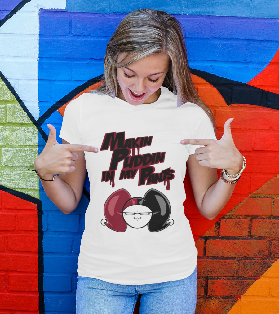 Makin' Puddin' In My Pants Harley Quinn Cartoon Red And Black Pigtails T-Shirt