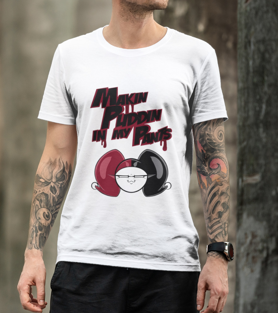 Makin' Puddin' In My Pants Harley Quinn Cartoon Red And Black Pigtails T-Shirt