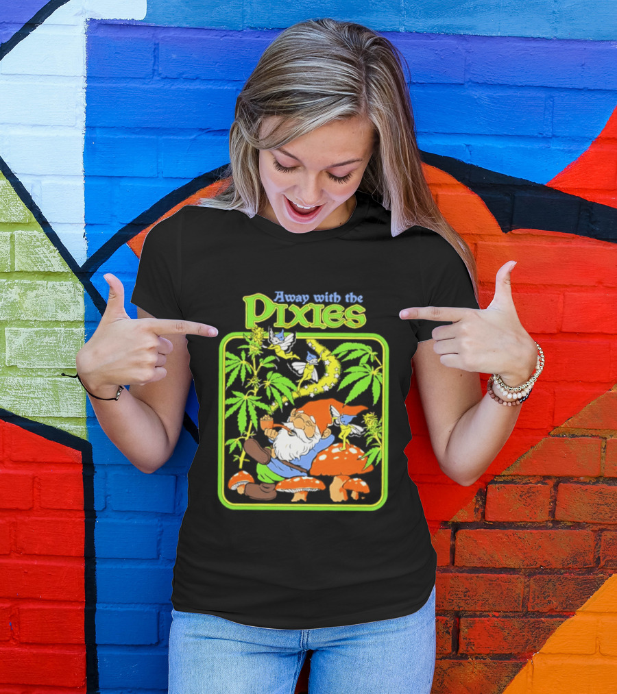 Away With The Pixies Gnome Smoking Cannabis Mushroom Fantasy Scene T-Shirt
