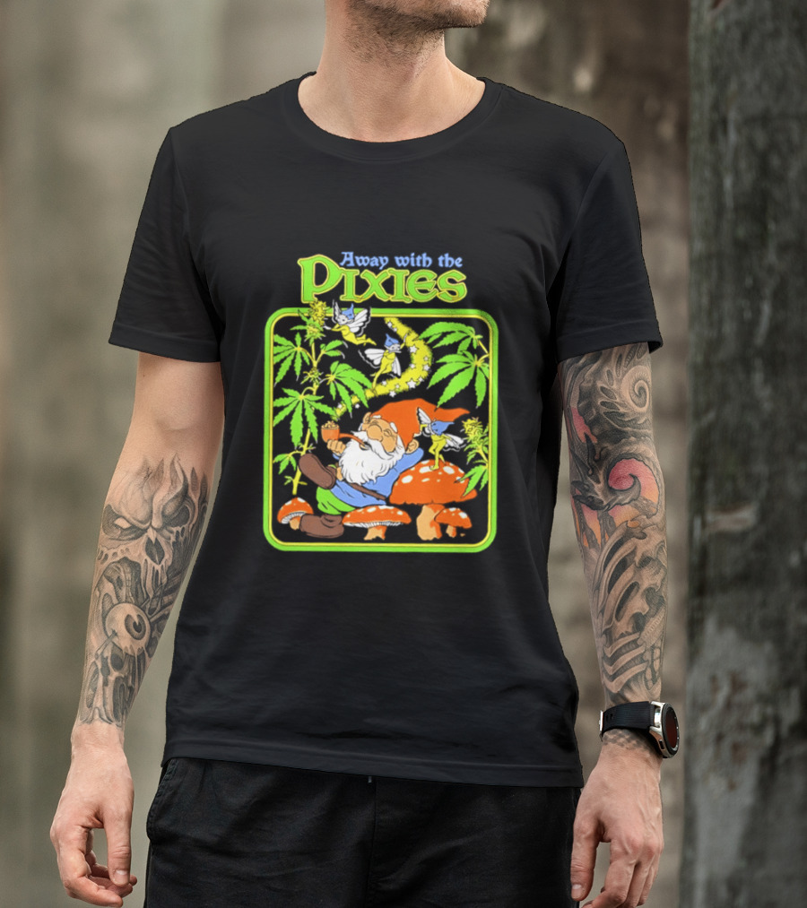Away With The Pixies Gnome Smoking Cannabis Mushroom Fantasy Scene T-Shirt