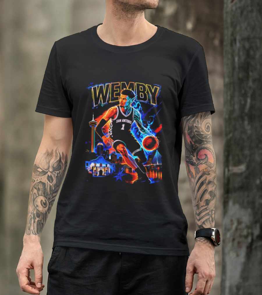 Wemby San Antonio Spurs Basketball Player Half Alien City Skyline T-Shirt