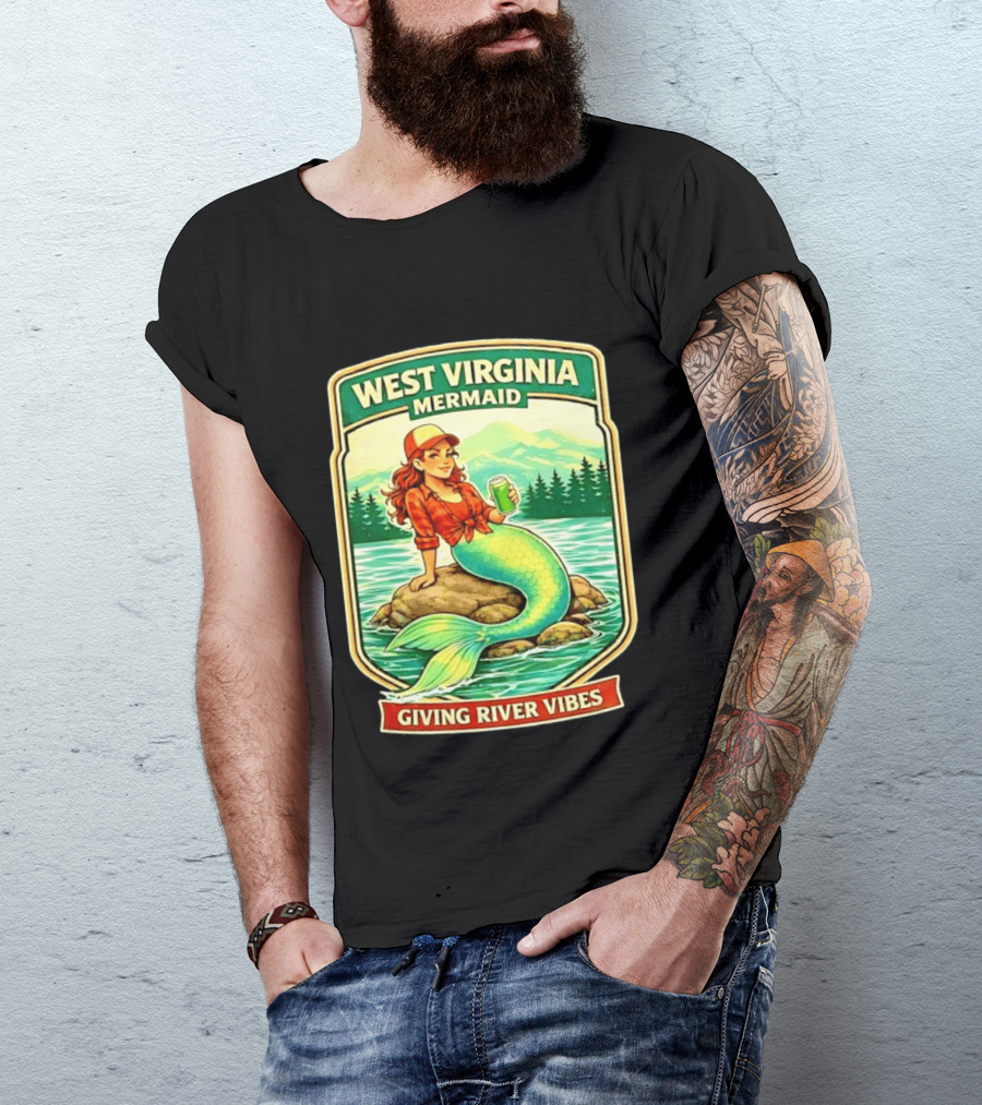 West Virginia Mermaid Giving River Vibes Green Tail Red Hat T-Shirt