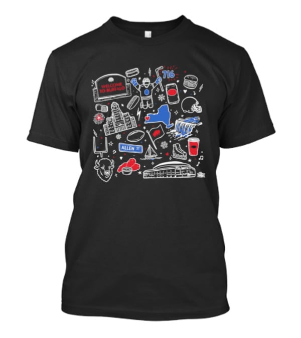 Welcome To Buffalo Doodles Allen St 716 Buffalo Wings Football Beer Pizza T-Shirt