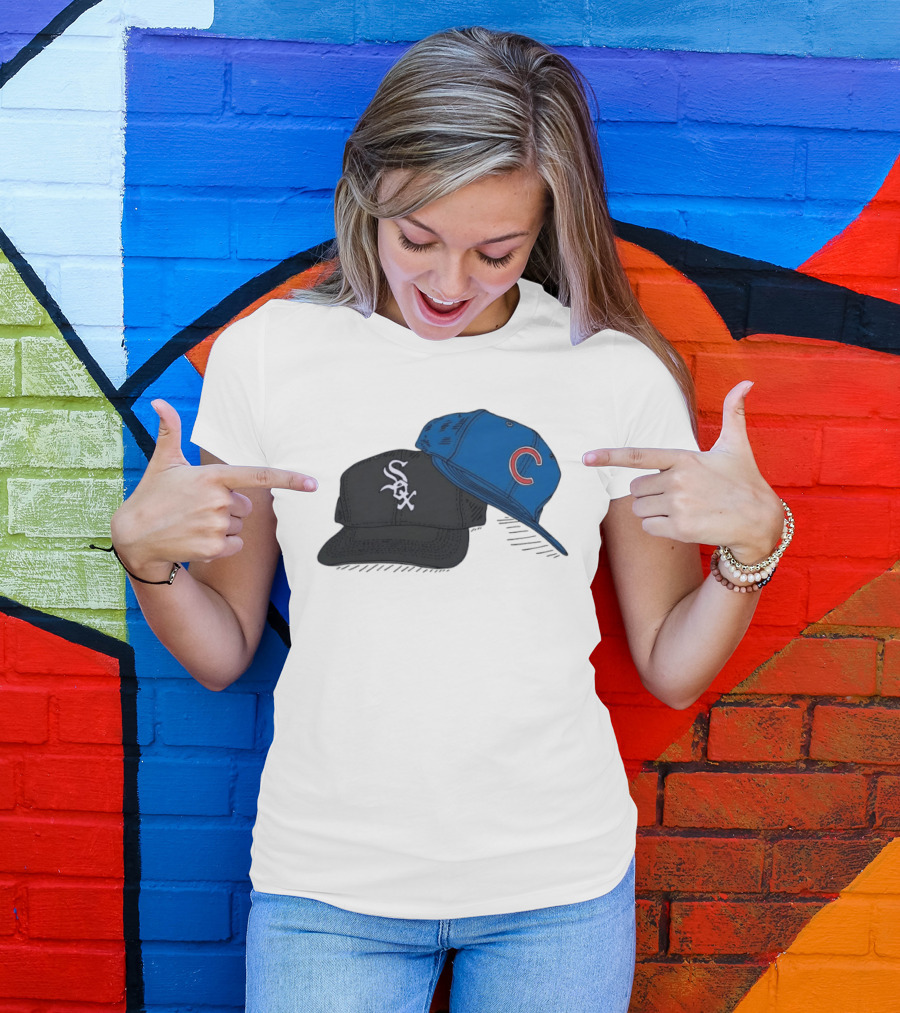 Chicago White Sox Black Hat And Chicago Cubs Blue Cap Baseball Fan Collection T-Shirt