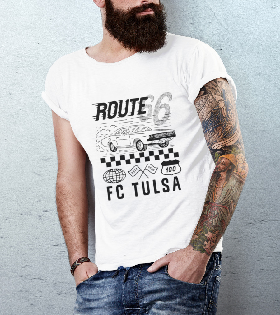 FC Tulsa Route 66 Oklahoma Soccer Car 100 Racing Flags T-Shirt