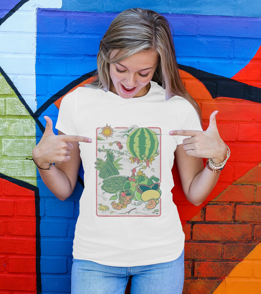 Pikmin Characters With Olimar Carrying Watermelon In Game Series T-Shirt
