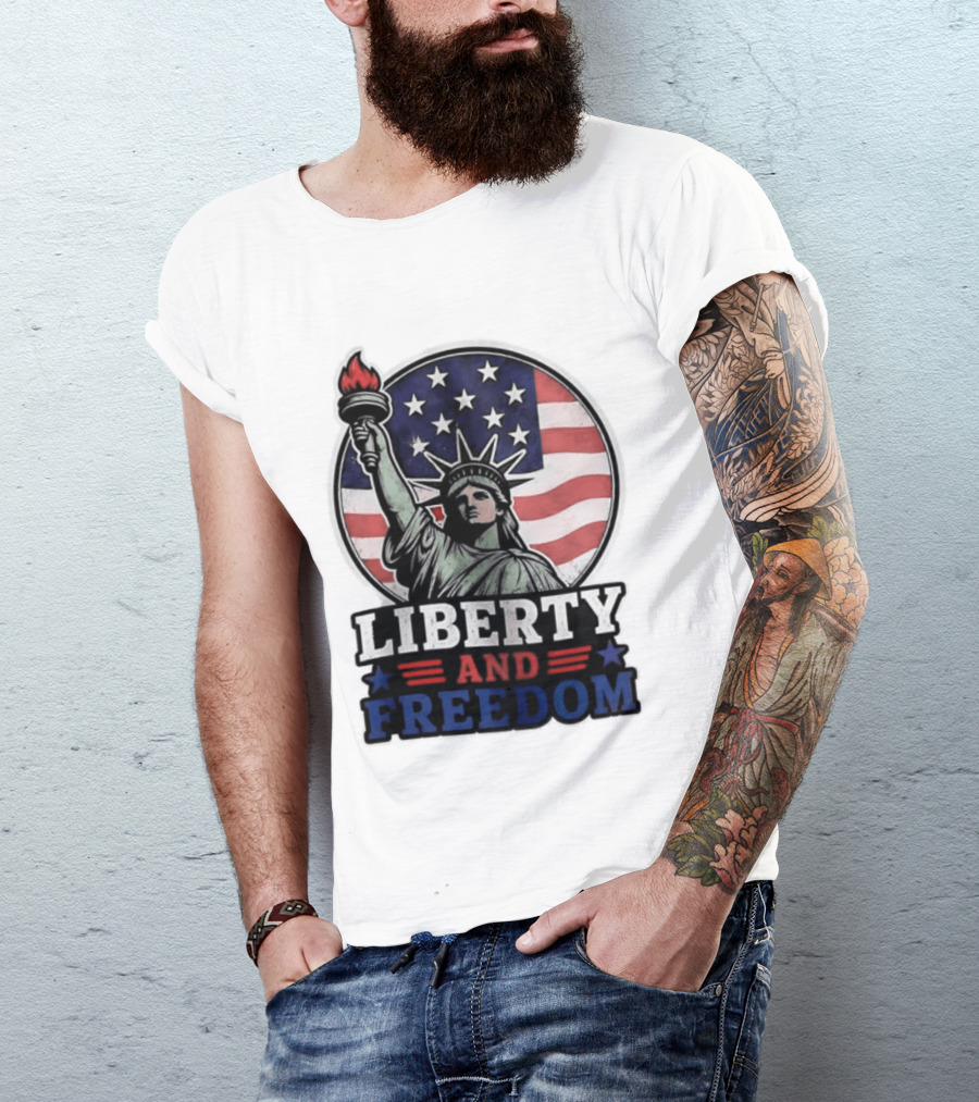 Liberty And Freedom Statue Of Liberty USA Flag Stars T-Shirt