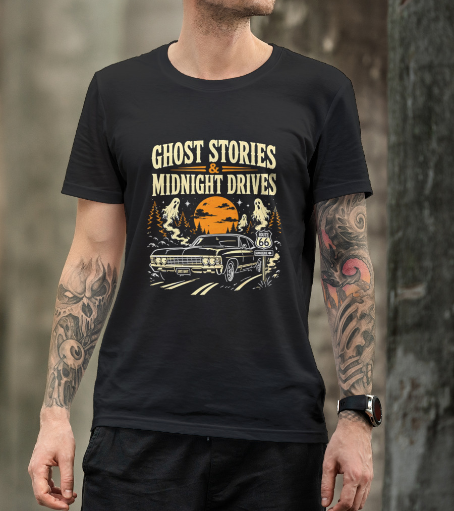 Ghost Stories Midnight Drives Route 66 Vintage Car Halloween Scene T-Shirt