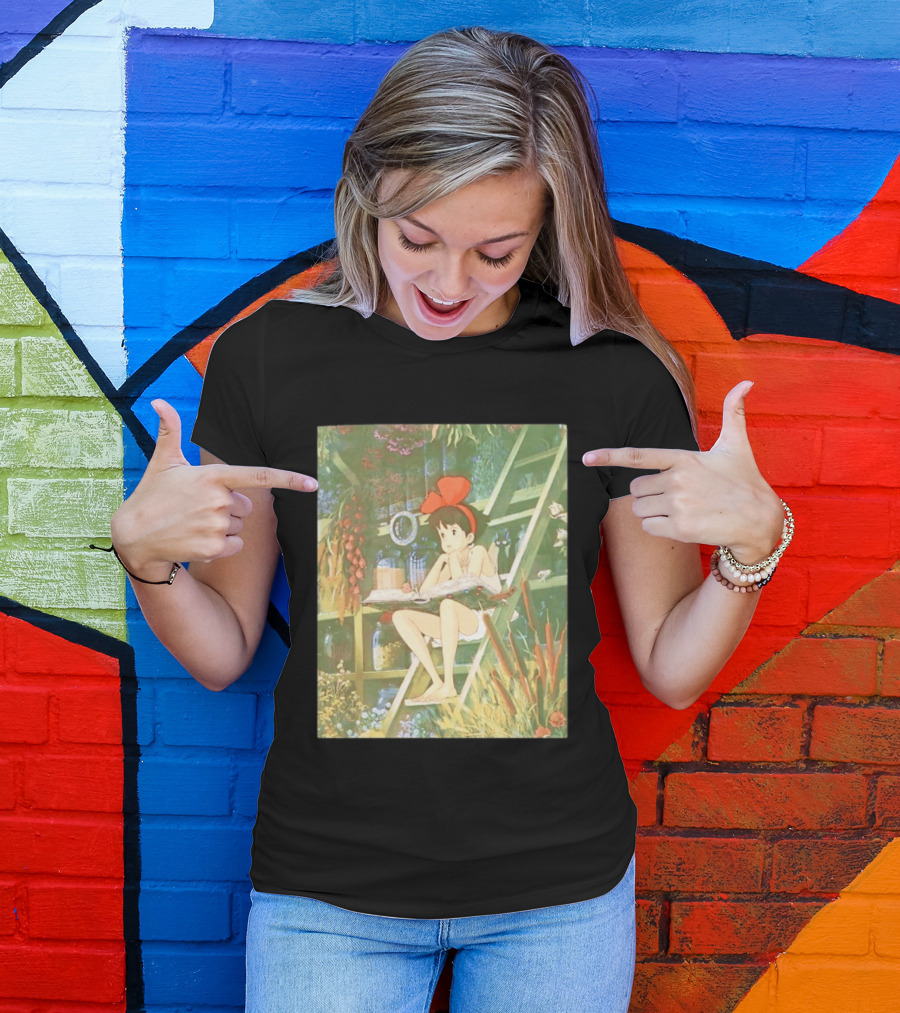 Kiki's Delivery Service Magic Book Cat And Botanical Greenhouse Scene T-Shirt