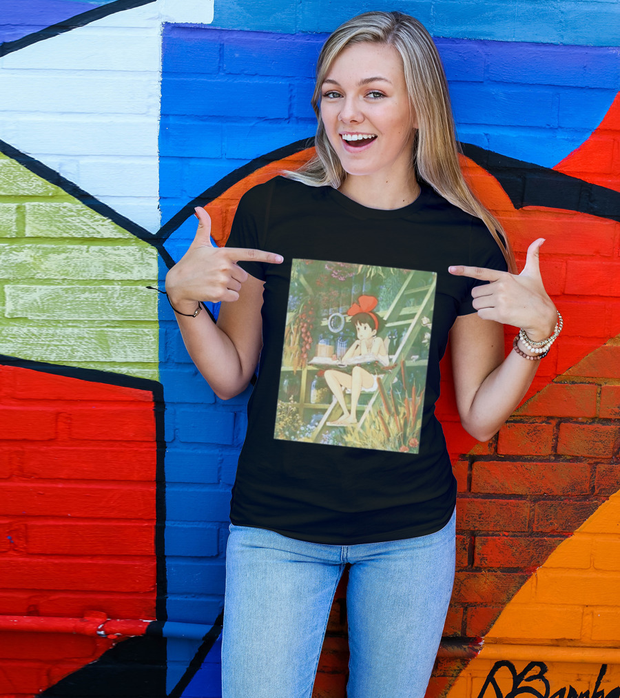 Kiki's Delivery Service Magic Book Cat And Botanical Greenhouse Scene T-Shirt