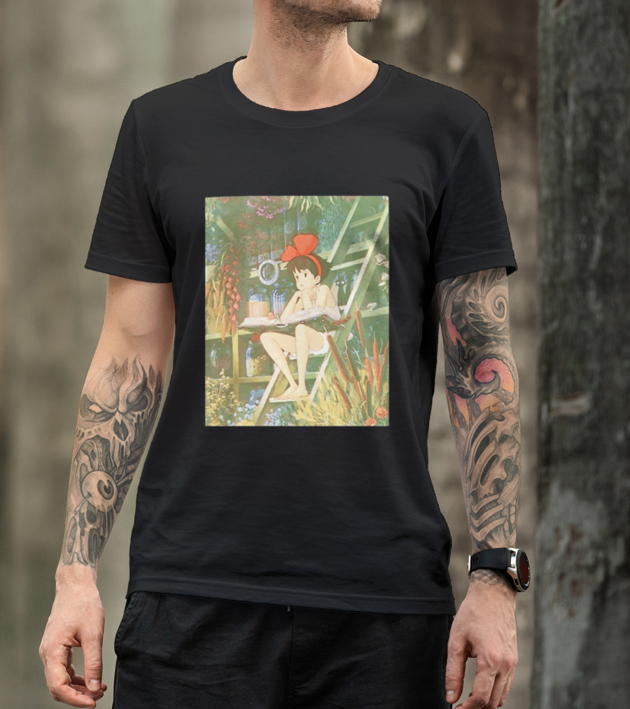 Kiki's Delivery Service Magic Book Cat And Botanical Greenhouse Scene T-Shirt