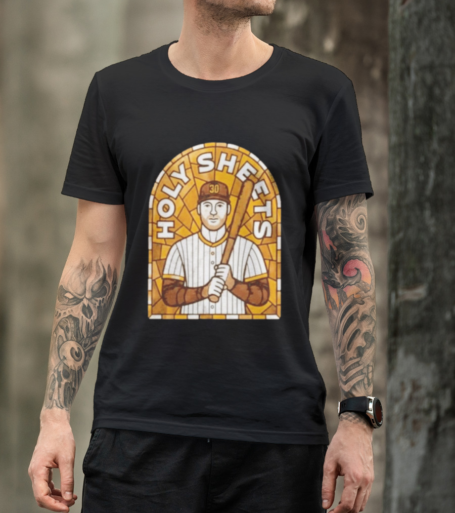 Holy Sheets Baseball Player Holding Bat 30 Stained Glass T-Shirt