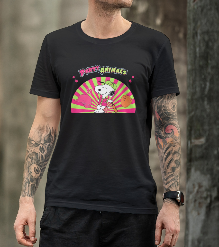 Snoopy Party Animals Baseball Glove Bat Cap Neon Stars T-Shirt