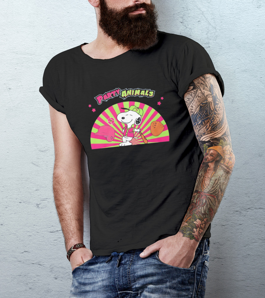 Snoopy Party Animals Baseball Glove Bat Cap Neon Stars T-Shirt