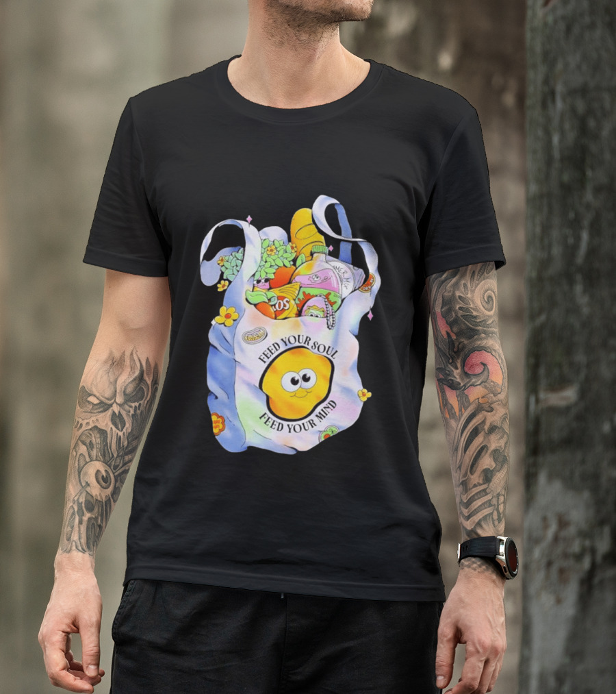 Feed Your Soul Feed Your Mind Bag With Groceries And Cartoon Face T-Shirt