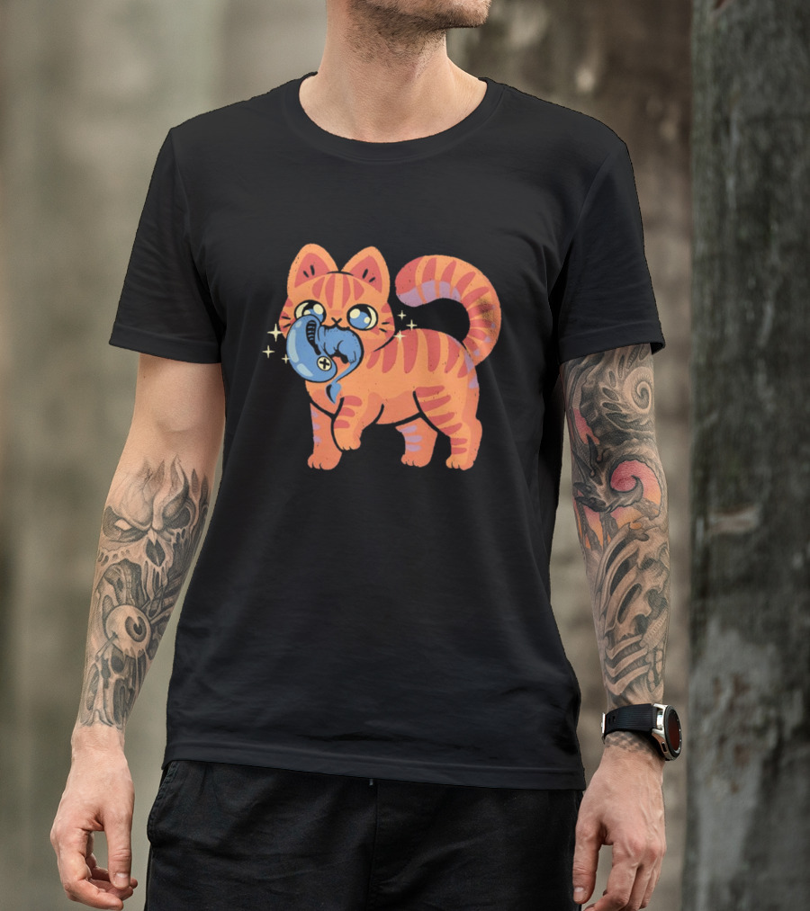Orange Tabby Cat With Sparkles And Blue Alien Creature T-Shirt