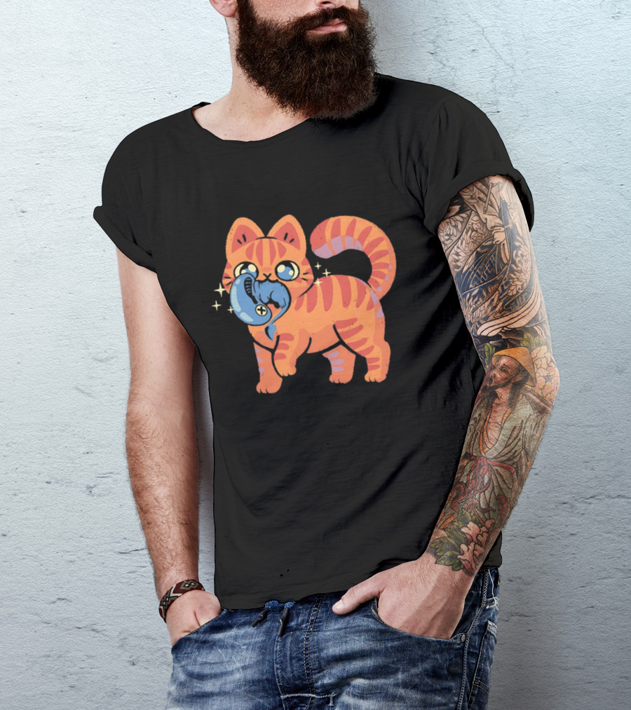 Orange Tabby Cat With Sparkles And Blue Alien Creature T-Shirt