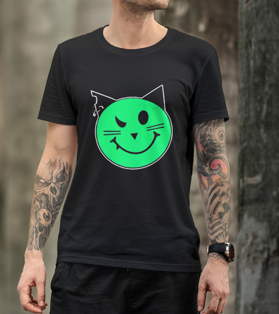 Taliesin Wearing MeowMeowz Smiling Cat Face With Green Circle Black Ears Whiskers T-Shirt