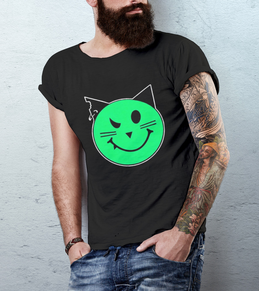 Taliesin Wearing MeowMeowz Smiling Cat Face With Green Circle Black Ears Whiskers T-Shirt