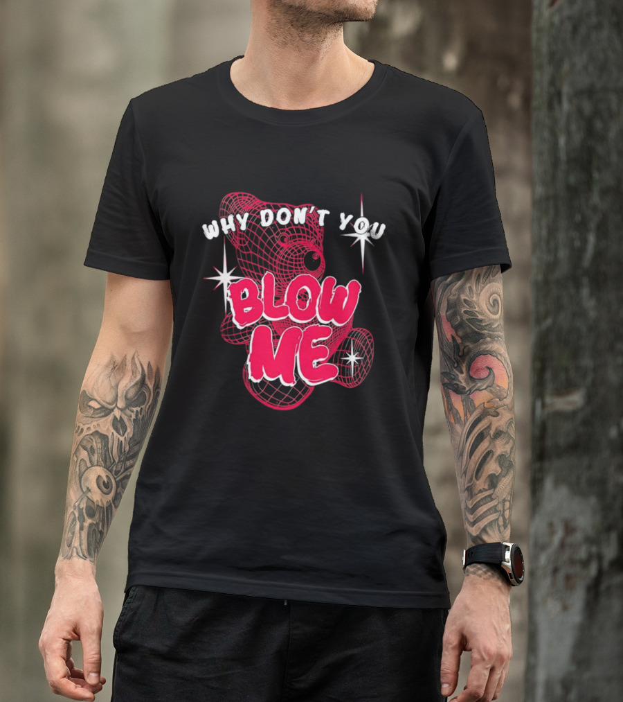 Why Don't You Blow Me Pink Wireframe Teddy Bear Bold Red Text Sparkling Star Accents T-Shirt