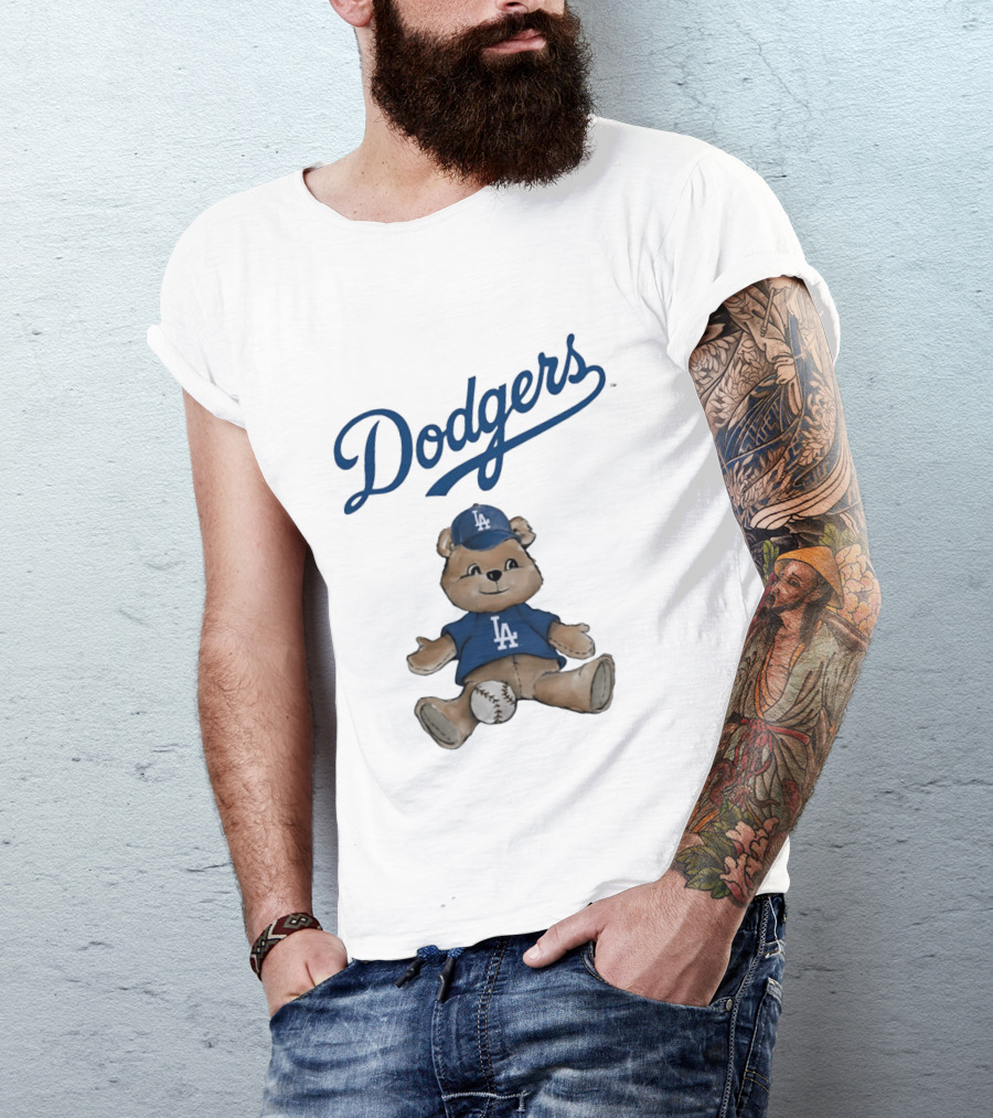 Los Angeles Dodgers Teddy Bear With Baseball And Dodgers LA Cap T-Shirt