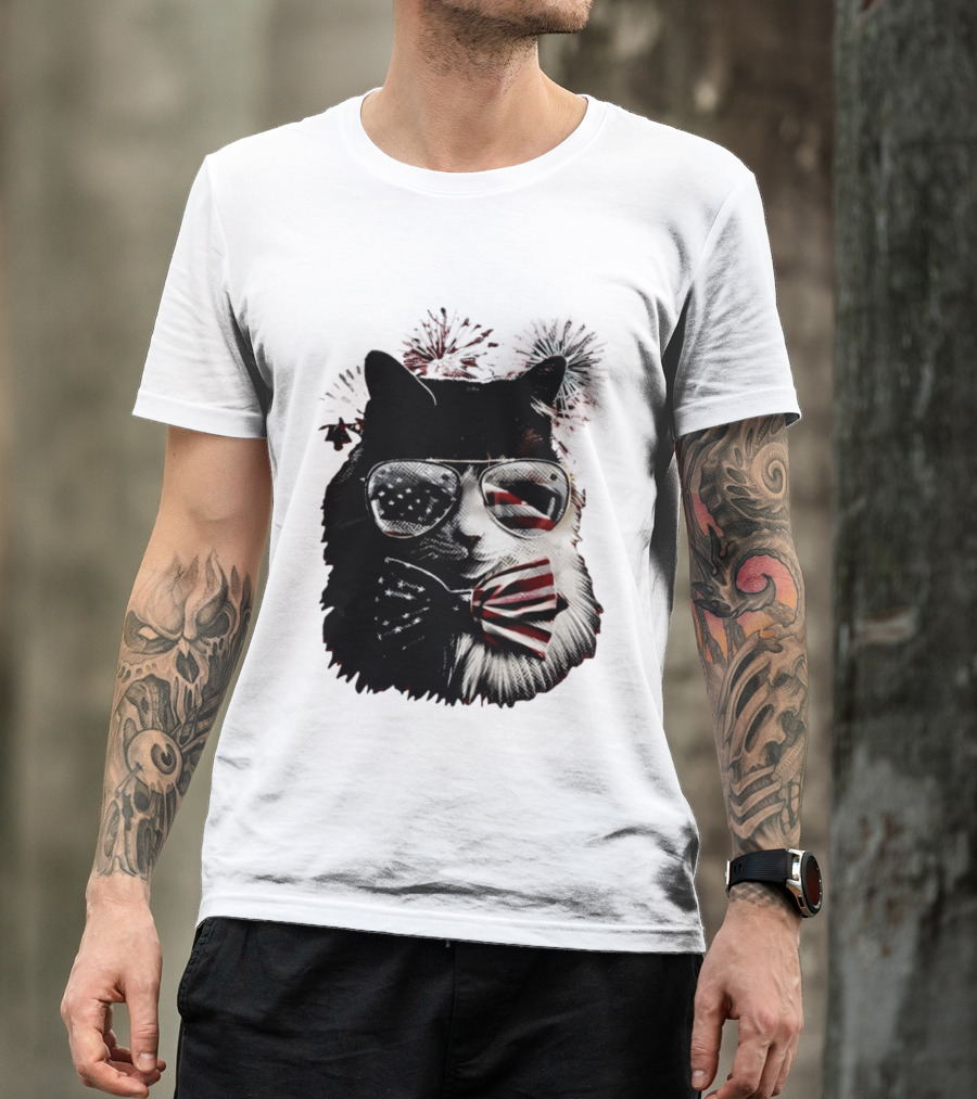 American Flag Cat Sunglasses And Bowtie Fireworks Independence Day T-Shirt