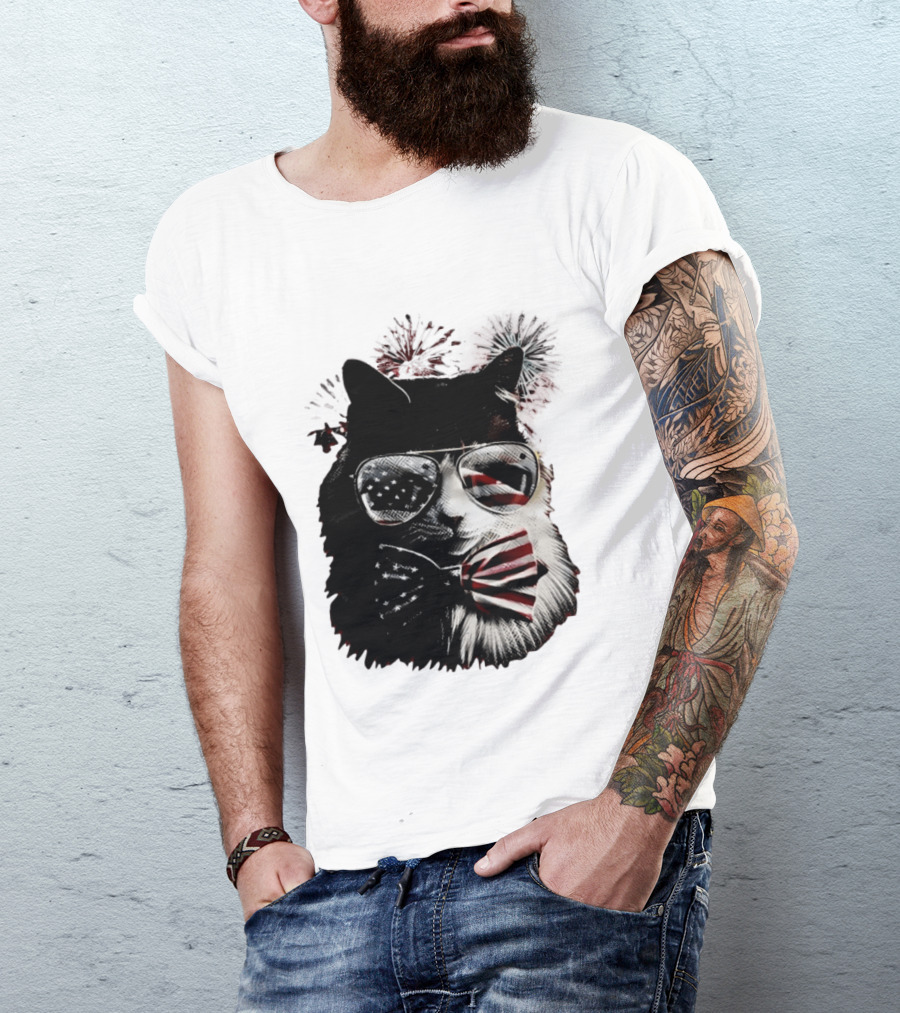 American Flag Cat Sunglasses And Bowtie Fireworks Independence Day T-Shirt