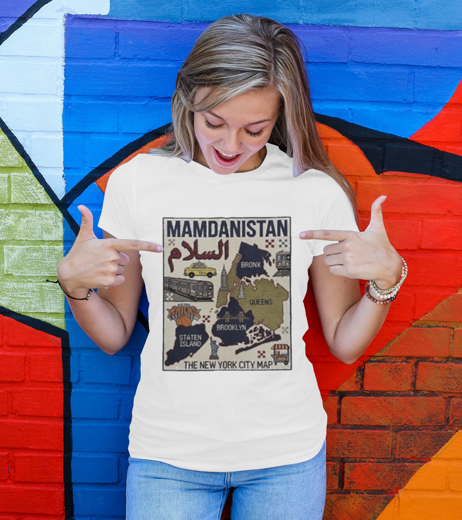 Mamdanistan Peace NYC Map Featuring Knicks Bronx Brooklyn Queens Staten Island Taxi Subway T-Shirt
