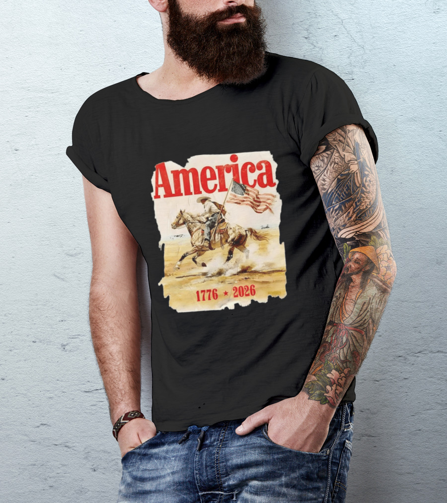 America 1776 2026 Cowboy Horse American Flag Iconic Historical T-Shirt
