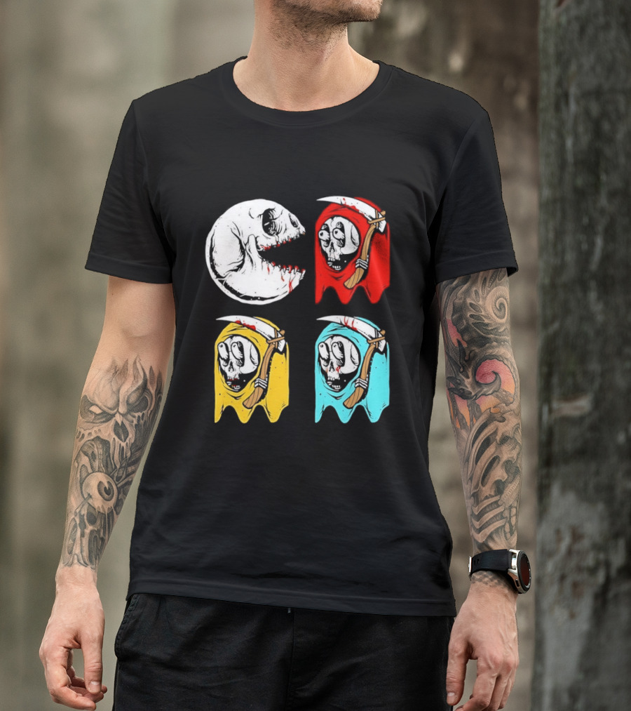 Pac Man Skeleton Skull Ghost Grim Reaper Red Yellow Blue T-Shirt