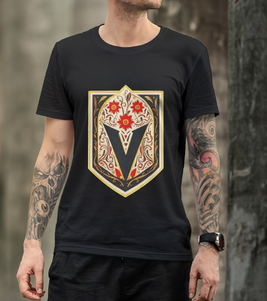 Vegas Golden Knights Dia De Los Muertos Floral Shield T-Shirt