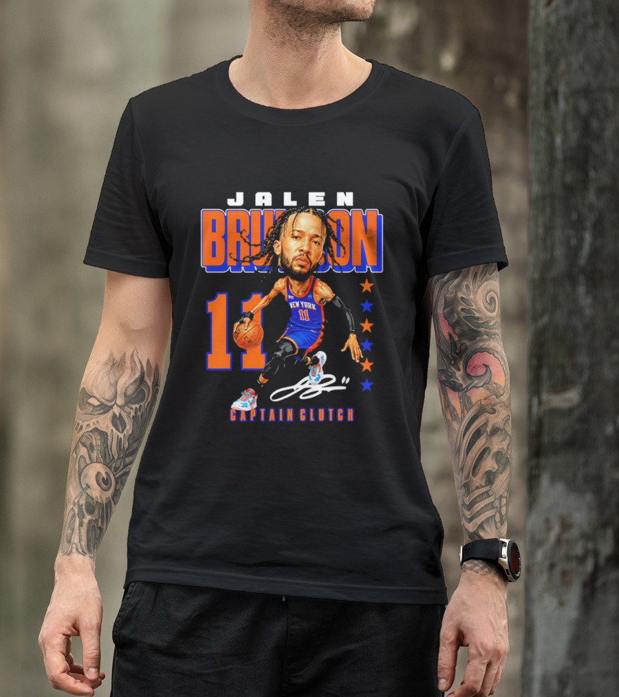 Jalen Brunson New York 11 Captain Clutch Caricature T-Shirt