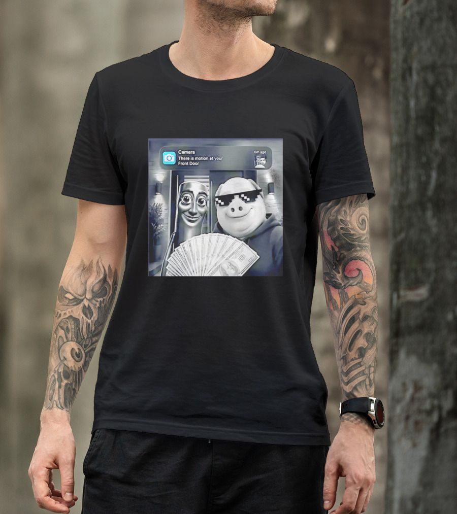 Tung Tung Tung Sahur John Pork Black Glasses Meme Camera Motion At Your Front Door T-Shirt
