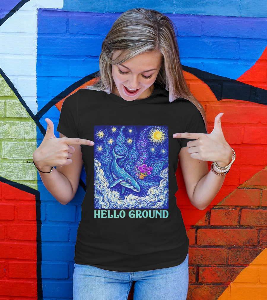 Hello Ground Whale Floating In Starry Night Van Gogh T-Shirt