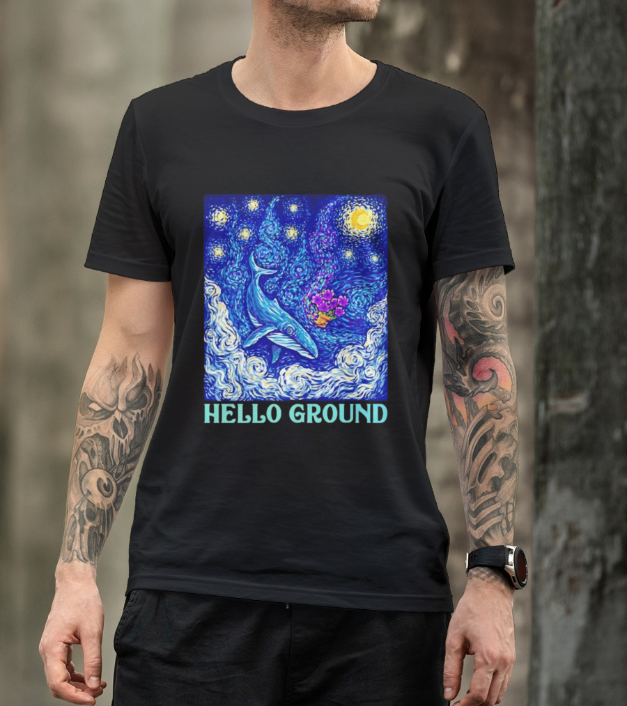 Hello Ground Whale Floating In Starry Night Van Gogh T-Shirt