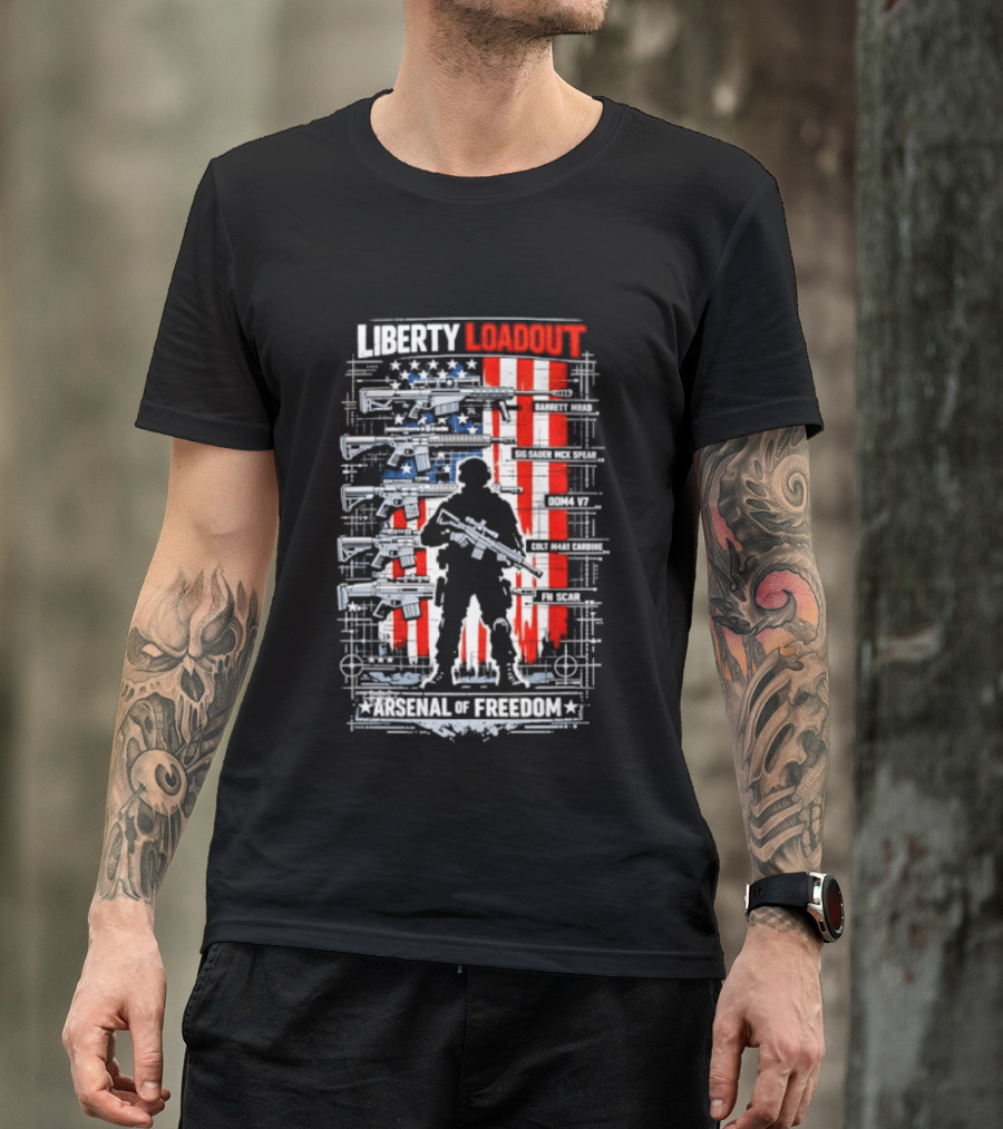 Liberty Loadout Arsenal Of Freedom USA Flag Soldier T-Shirt