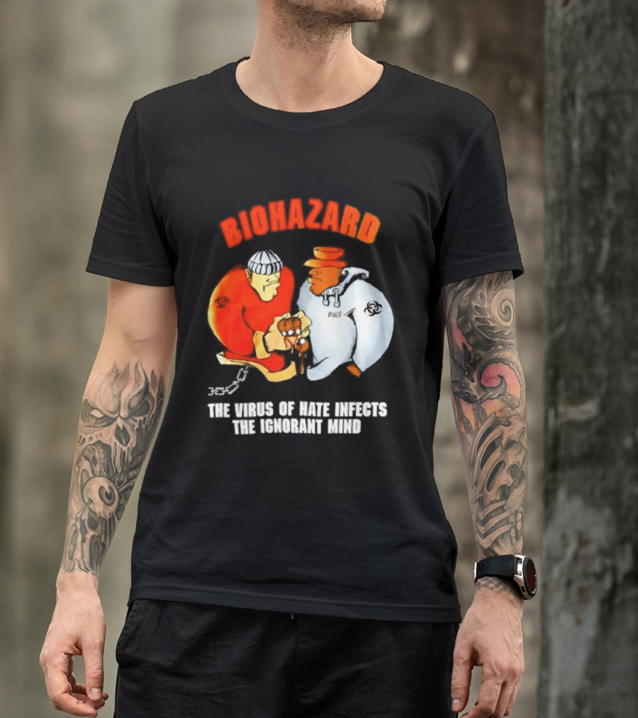 Biohazard The Virus Of Hate Infects The Ignorant Mind Orange And White Figures Confrontation T-Shirt
