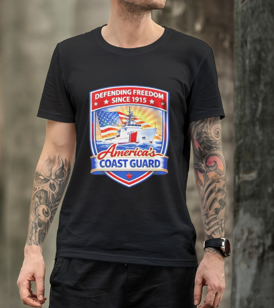 Defending Freedom Since 1915 America's Coast Guard US Flag Ship T-Shirt