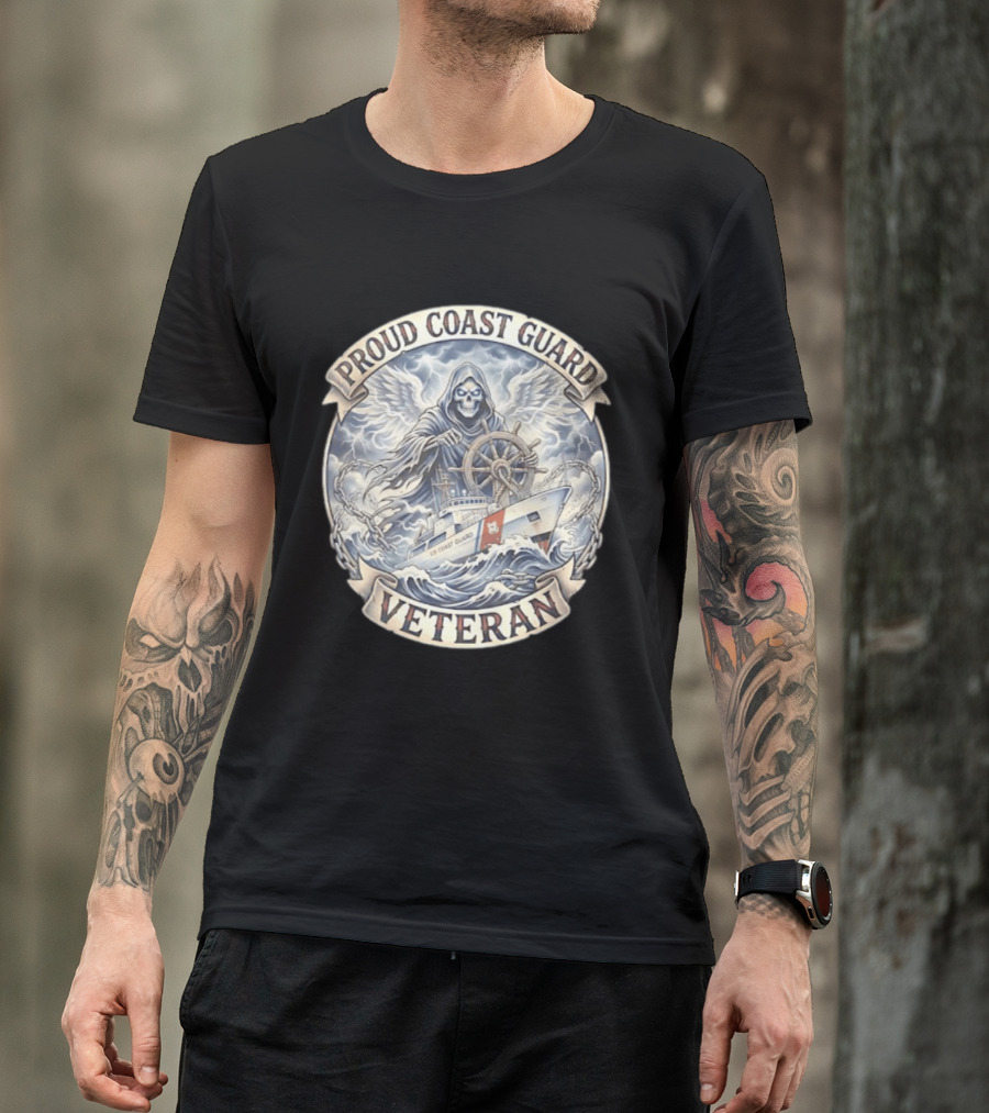 Proud Coast Guard Veteran Grim Reaper With Ship And Wheel T-Shirt