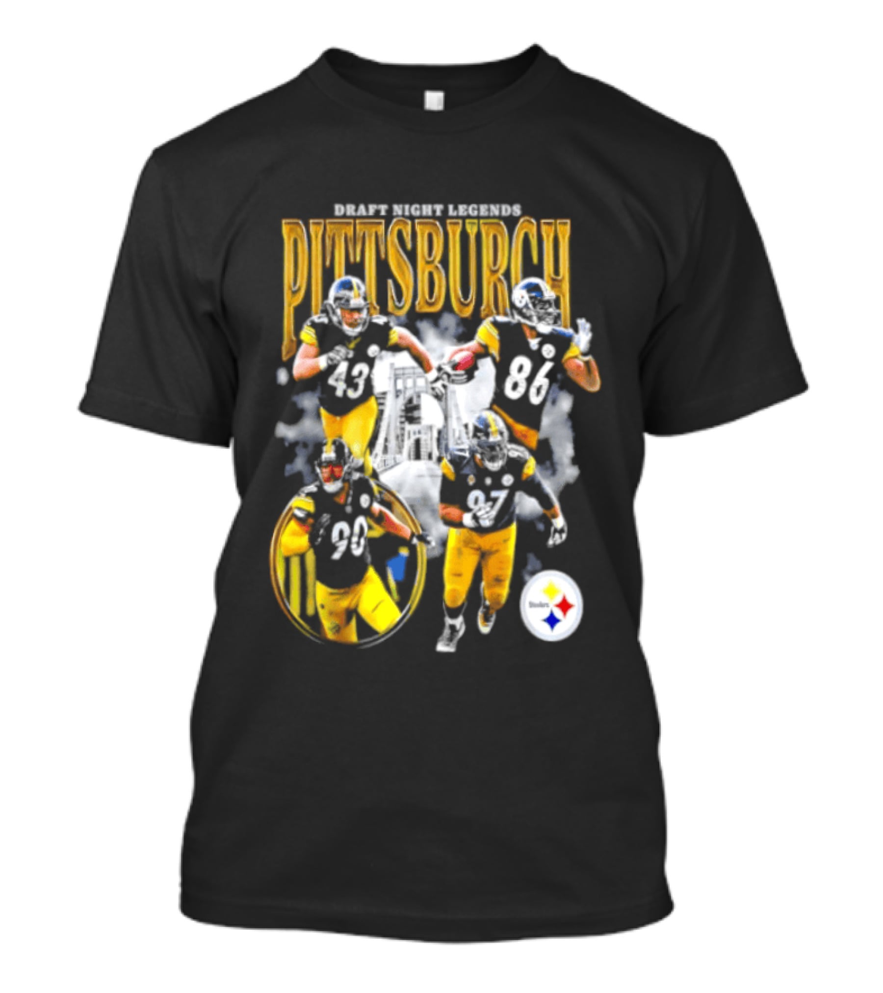 Pittsburgh Draft Night Legends Steelers Football Players And Iconic Trio T-Shirt