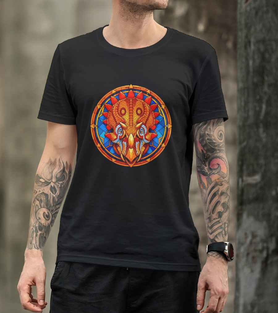 Triceratops Dinosaur Head Stained Glass Circle T-Shirt