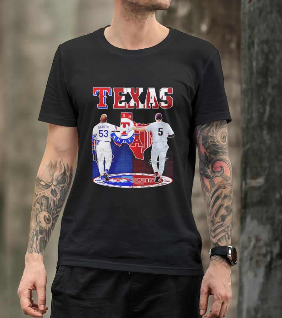 Texas Rangers Adolis Garcia And Texas A&M Aggies Hunter Schott Split Map T-Shirt