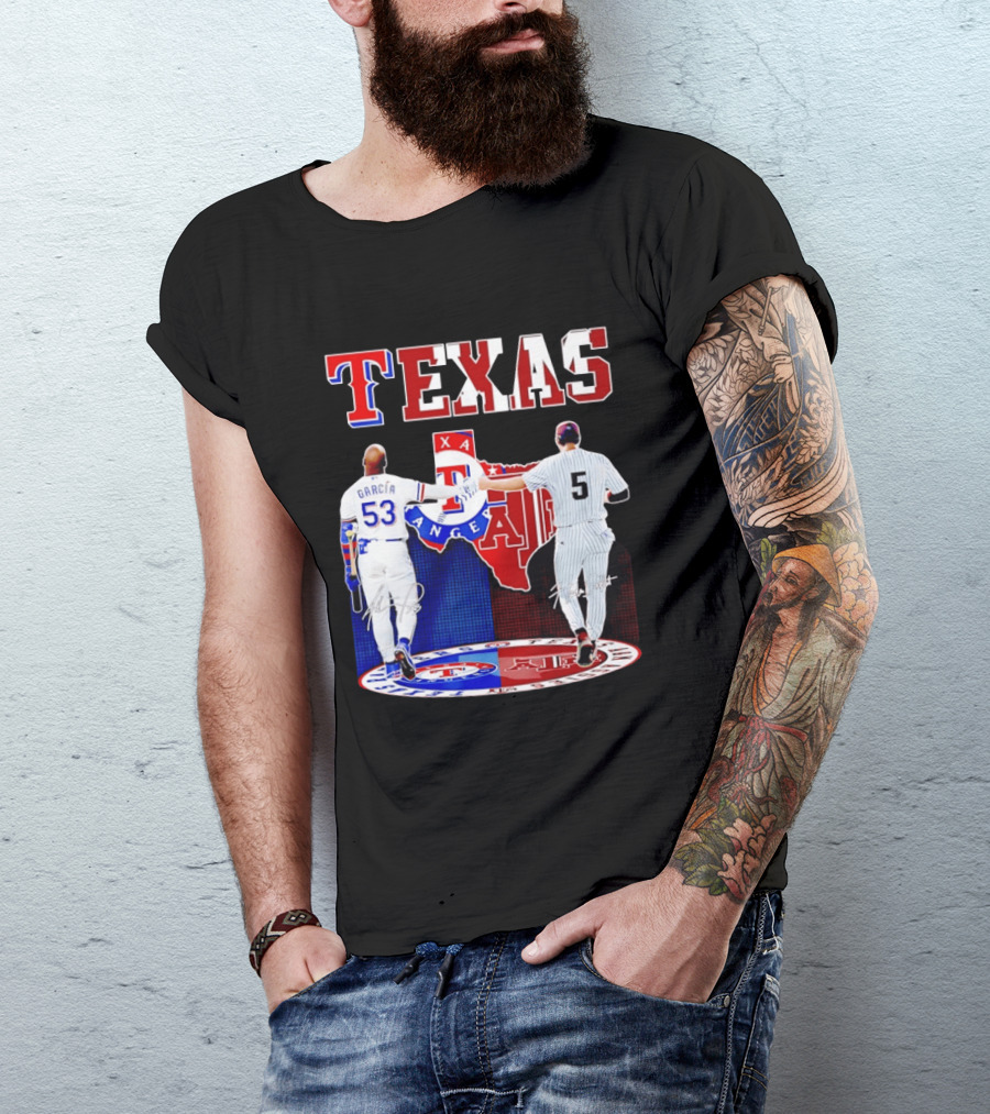 Texas Rangers Adolis Garcia And Texas A&M Aggies Hunter Schott Split Map T-Shirt