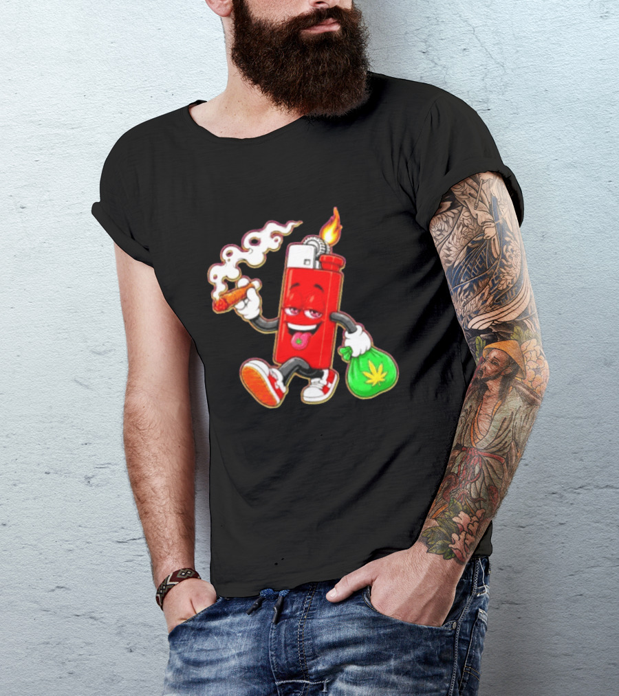 Flame Lighter And Smoking Joint With Cannabis Bag Cartoon T-Shirt