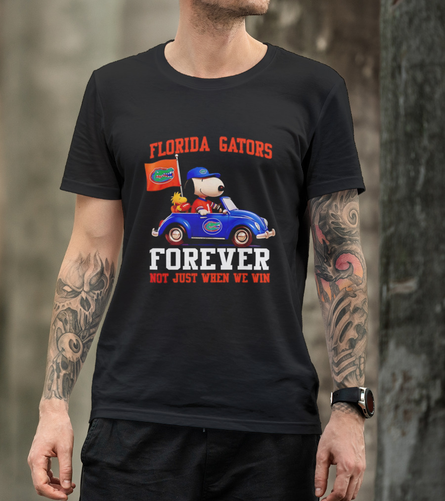 Peanuts Snoopy Woodstock In Blue Car Florida Gators Forever Not Just When We Win T-Shirt
