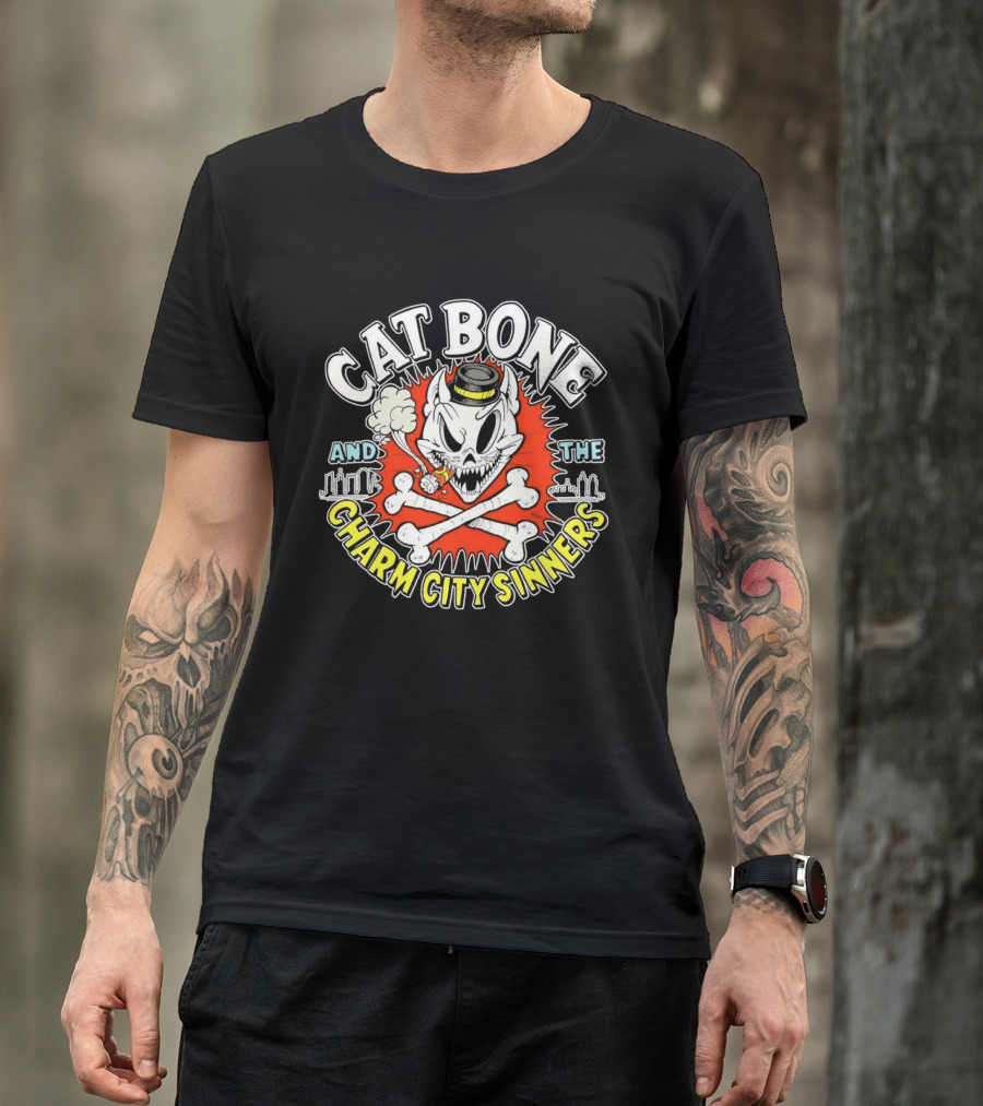 Cat Bone And The Charm City Sinners Smoking Skull And Crossbones Top Hat T-Shirt