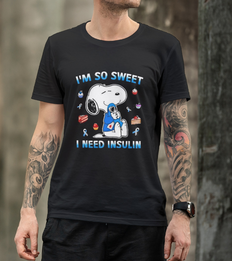 I'm So Sweet I Need Insulin Snoopy Peanuts Diabetes Awareness Blue Ribbon Cupcakes 2026 T-Shirt
