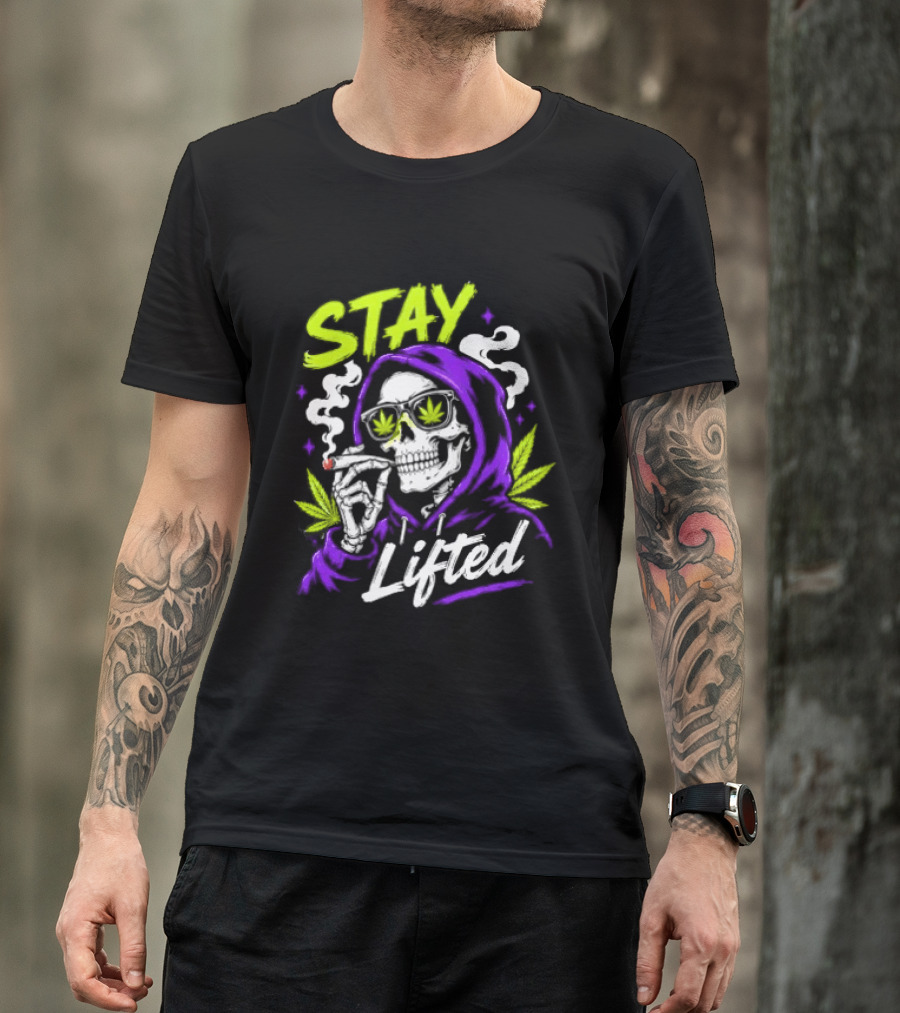 Stay Lifted Skeleton Smoking Weed Vapor Clouds Psychedelic T-Shirt
