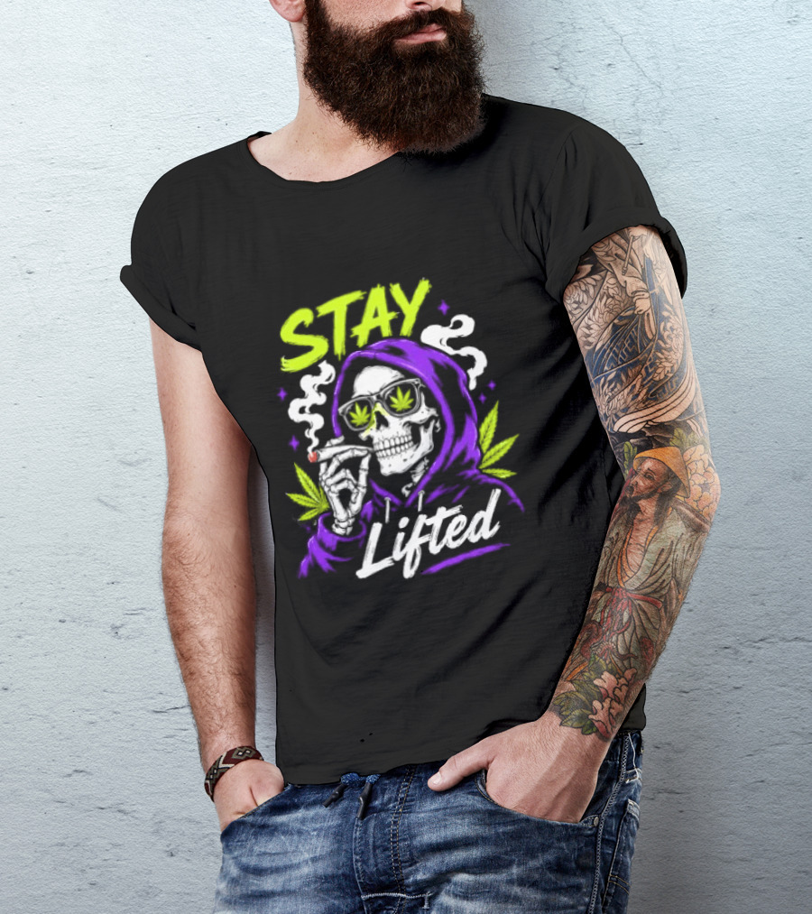 Stay Lifted Skeleton Smoking Weed Vapor Clouds Psychedelic T-Shirt